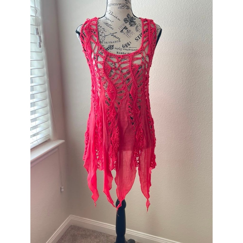 Forgotten Grace Pink Crochet Sharkbite Tunic Tank Top Womens Medium Boho 8172